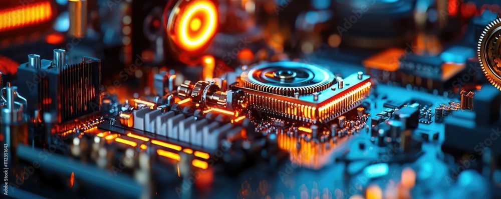 Poster close-up view of a modern circuit board with glowing components and intricate details.