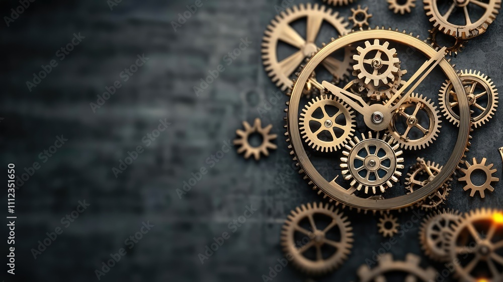 Poster collection of intricate gears and cogs on a textured surface.