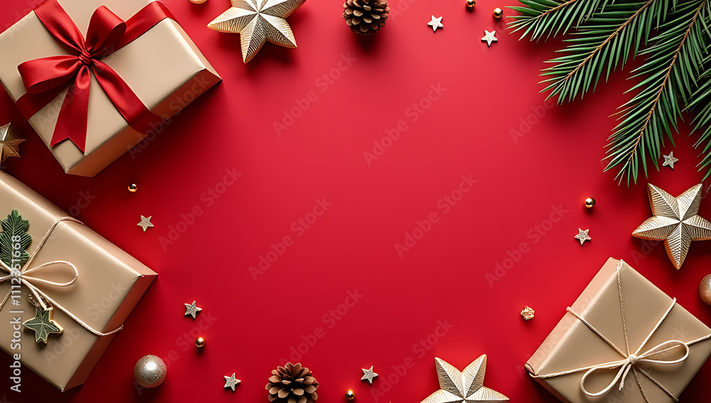 Poster flat lay of rustic gift boxes and christmas decorations on a vibrant red background with space to ad