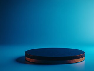 A navy-blue circular stage is subtly illuminated against a gradient blue background, offering a sleek space perfect for showcasing products or presentations