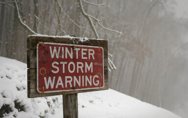 Fototapeta premium A wooden road sign with 'winter storm warning' text in heavy snowfall, stormy Background.