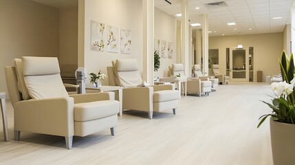 A serene waiting area with comfortable chairs and a calming atmosphere.
