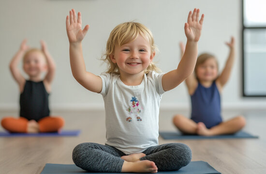 A preschool teacher guiding children through a fun yoga exercise in a bright classroom.