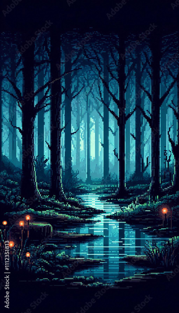 Poster pixel art illustration of a mysterious, dark forest with tall trees and a thick fog, illuminated by 