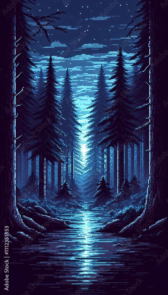 Poster pixel art illustration of a mysterious, dark forest with tall trees and a thick fog, illuminated by 
