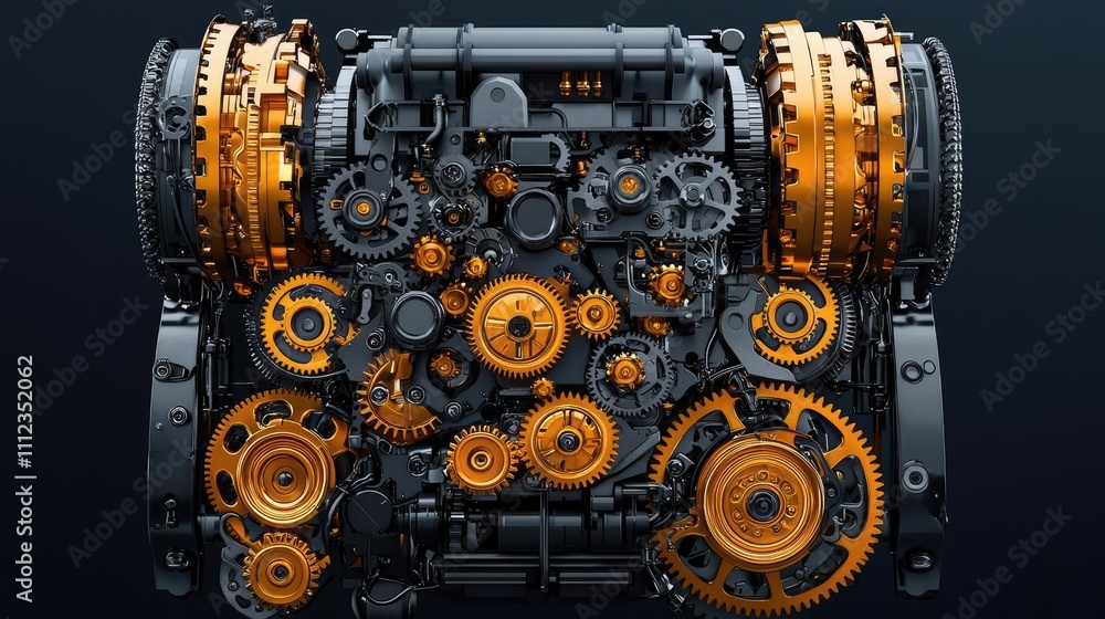 Poster mechanical engine components with intricate gears on dark background.