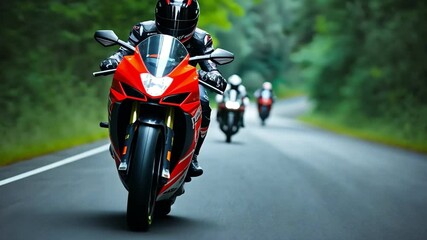 Dynamic motorcycle ride on a winding road surrounded by lush greenery. Perfect for adventure and travel themes.
