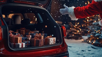 Santa's hand pointing towards gifts in an open car.