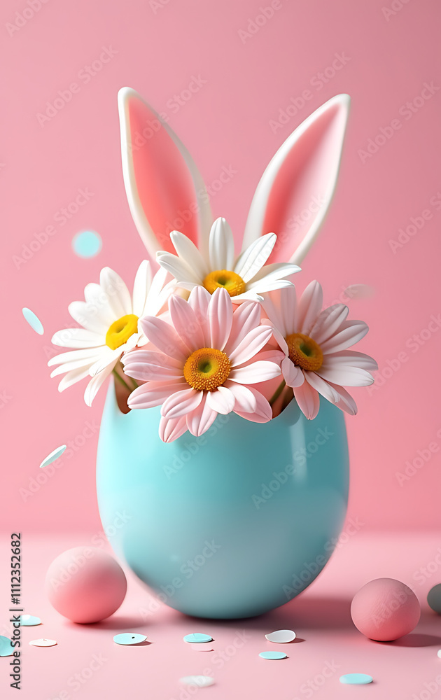 Aufkleber Delicate chrysanthemums emerge with confetti and bunny ears from a blue eggshell on a soft pastel pink setting in our deluxe Easter display._00001_