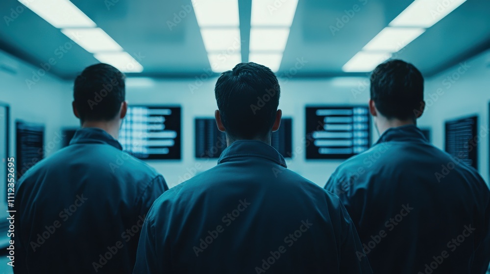 Poster team of engineers collaborating in a high-tech environment
