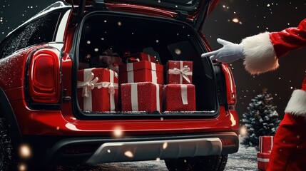 Red car with gifts in the trunk, snowy background scene.