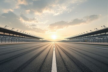 Fototapeta premium Dramatic Sunset Over a Racing Circuit with Pit Buildings and Empty Track