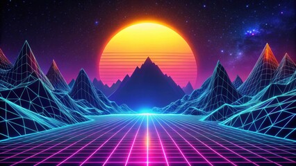 Retro futuristic sci-fi landscape with neon lights, low poly terrain grid, mountains, sun, and stars, retrowave, VJ