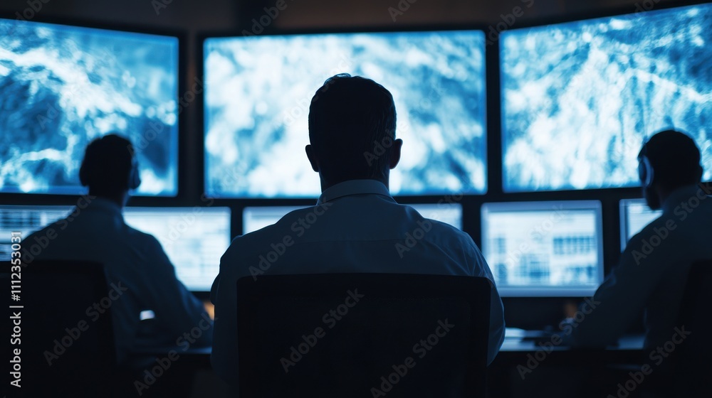 Poster engineers analyzing geological data in control room