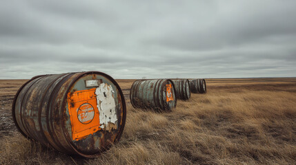 Orphan waste concept. Rusty barrels scattered across desolate field under cloudy sky