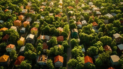 A breathtaking aerial shot of a vibrant neighborhood featuring rows of colorful houses and dense greenery under bright sunlight