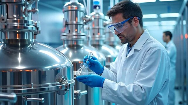 Scientist in Lab Coat and Safety Glasses Working with Bioreactor