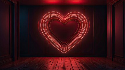 Neon glowing heart shape in dark red interior. 3d style realistic vector illustration