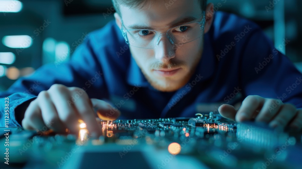 Poster engineer examining circuit in advanced technology lab