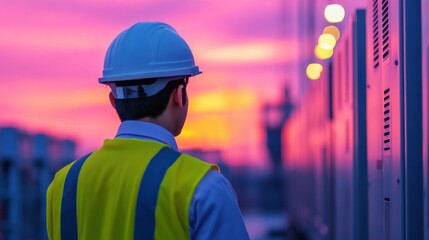 Engineer Inspecting Electrical Substation at Sunset