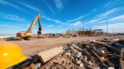 Fototapeta premium Orphan waste concept. construction site with excavator clearing debris under bright blue sky, showcasing process of building and development.