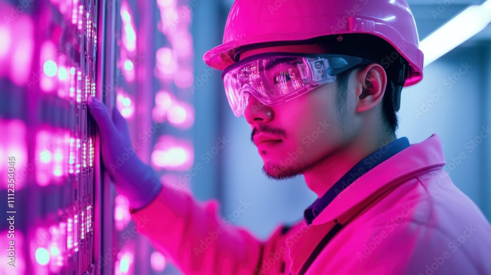 Poster electrical engineer testing energy solutions in futuristic setting