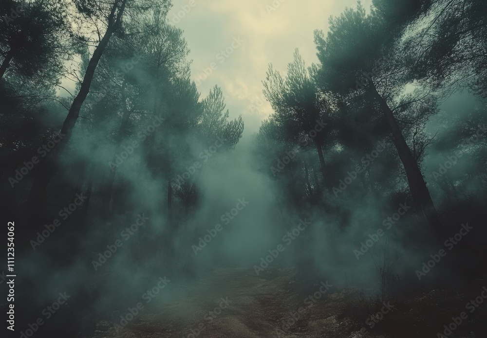 Poster enigmatic forest path with misty fog shrouding tall pine trees under a dramatic cloudy sky, creating