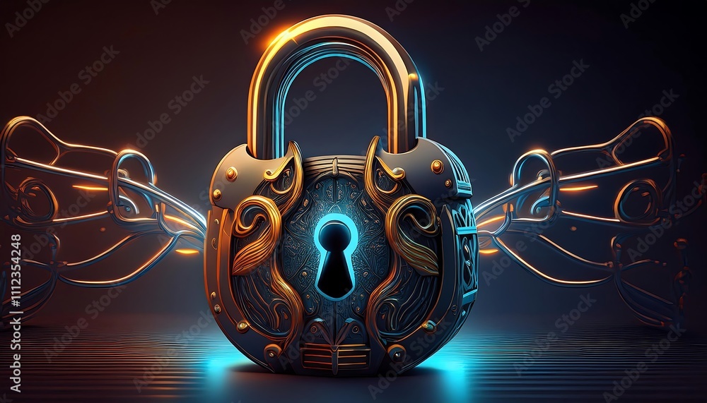 Poster luminous digital padlock with a metal wire and a keyhole, symbolizing secure digital access and prot