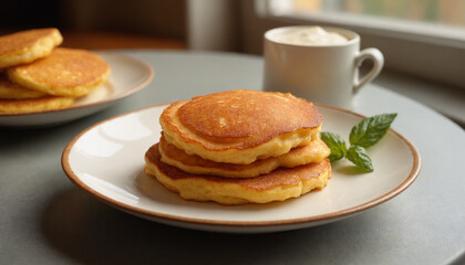 Crispy potato pancakes in a modern style in warm colors for a cozy breakfast setting with copy space