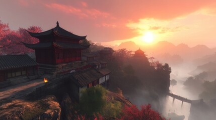 Obraz premium Serene Sunset Over Ancient Asian Village Amidst Lush Mountain Landscape and Tranquil Waters with Cherry Blossoms in Full Bloom