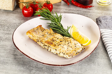 Baked salmon fish served rosemary