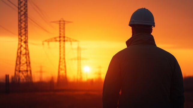 Engineer Observing High Voltage Power Lines at Sunset