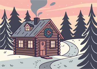 Christmas Scene with Wooden House and Snowfall