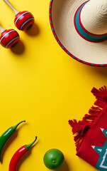 Obraz premium Colorful flat lay featuring a sombrero, poncho, maracas, tequila, lime, and chili peppers on a bright yellow background._00001_