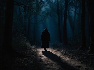 Mysterious figure walks through a shadowy forest path at night