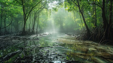 Obraz premium Enchanting Misty Mangrove Forest Stream with Lush Green Vegetation Tranquil Reflection and Ethereal Atmosphere A serene peaceful and atmospheric natural landscape scene