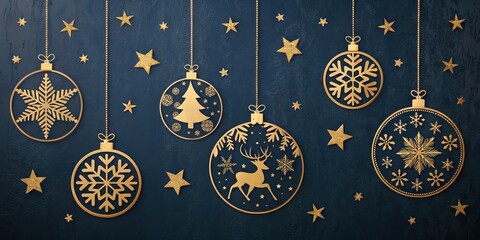 Elegant Gold Christmas Ornaments Hanging on Dark Blue Background with Glitter Stars
