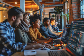 Team of male and female software developers writing code on laptops in real working environment.