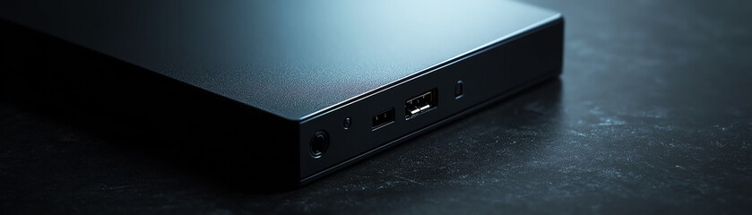 Close-up of sleek black external hard drive on textured surface, connectivity ports and modern design.