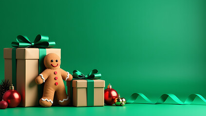 Christmas presents with green ribbons and ornaments sit atop a green background alongside a gingerbread man in a festive holiday setting._00001_
