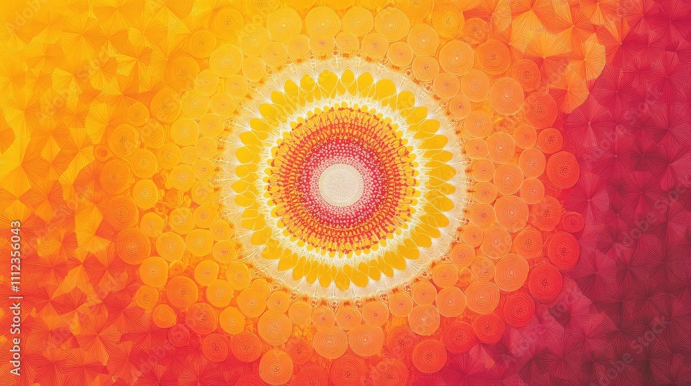 Poster a pixelated mandala with repetitive circular motifs and bright gradient colors that transition from 
