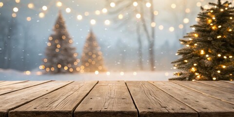 Rustic Wooden Tabletop with a Festive Winter Wonderland Background Featuring Blurred Christmas Trees and String Lights