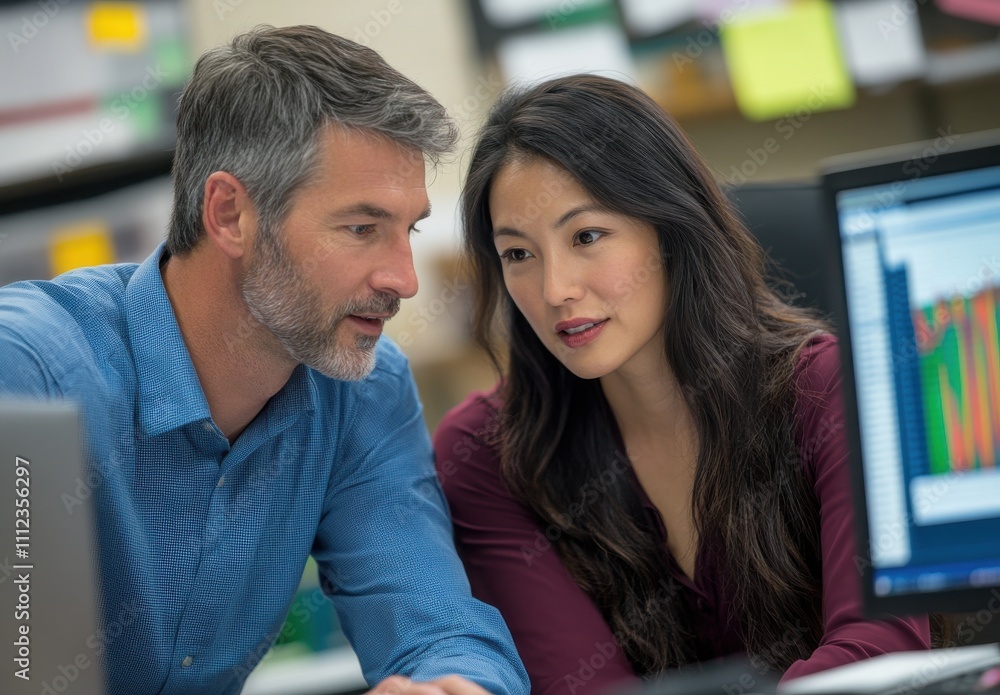 Aufkleber focused business colleagues collaborating on a project, analyzing data together in an office setting