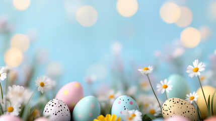 Easter-themed background with colorful pastel eggs, white daisies, and a soft blue bokeh effect. The vibrant springtime colors and floral elements create a festive and cheerful atmosphere 