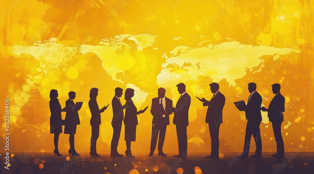 Poster business professionals engaging in a collaborative discussion against an abstract golden background 