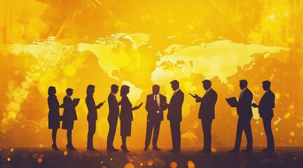 Business Professionals Engaging in a Collaborative Discussion Against an Abstract Golden Background with World Map and Bokeh Effect