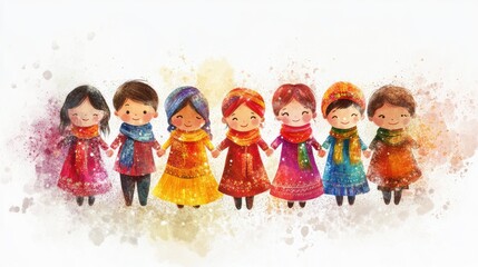 Colorful Illustration of Diverse Children Holding Hands in a Cheerful Celebration with Sparkling Details and Vibrant Clothing