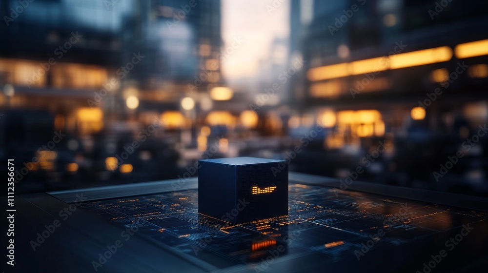 Fototapete A glowing blue cube is sharply focused within a digital grid, surrounded by translucent blocks and connected lines representing blockchain security in a bustling city