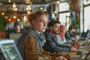 Obraz premium Team of male and female software developers writing code on laptops in real working environment.