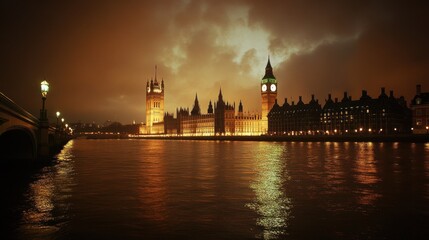 Fototapeta premium A view of the London skyline with Big Ben and the Houses of Parliament illuminated at night.
